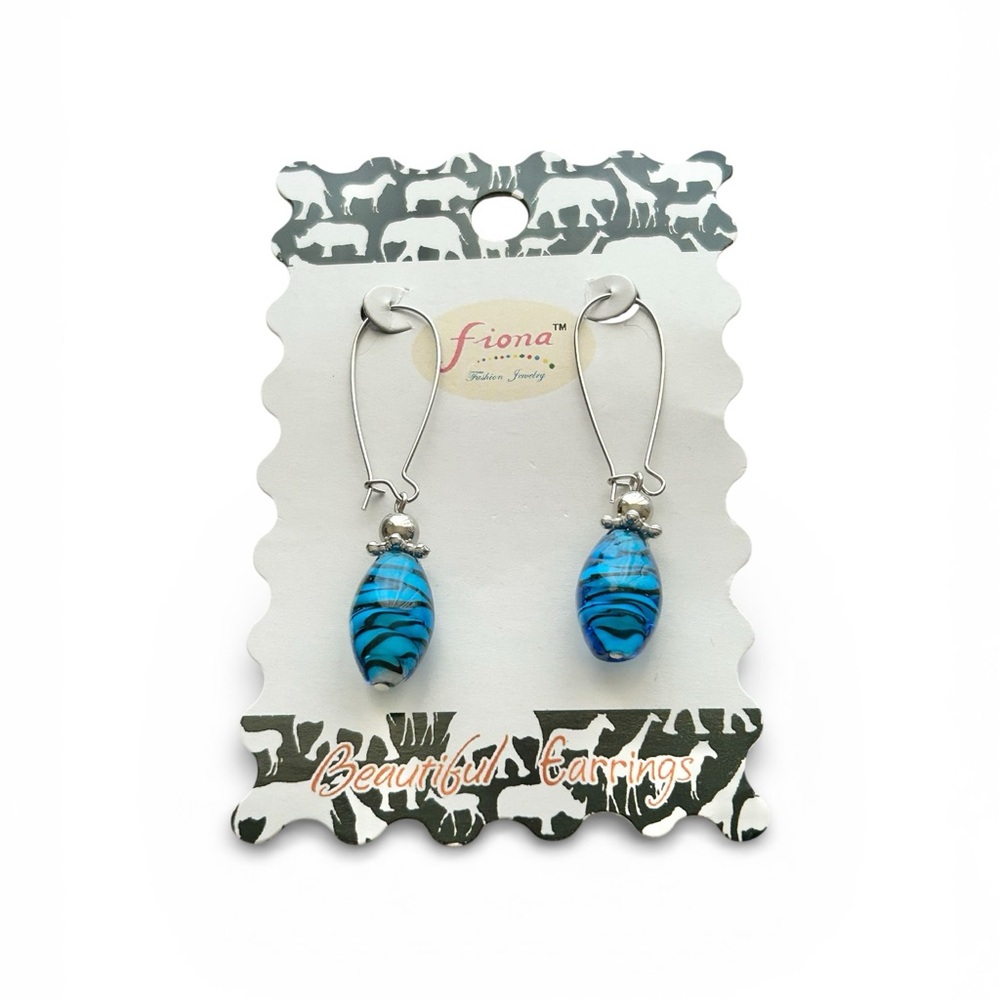 NWT Fiona Blue and Black  Zebra Print Glass Bead Dangle Earrings